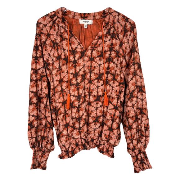 Anthropologie Porridge Elisabeth Peasant Top Medium Orange Boho Batik Print - Picture 2 of 6